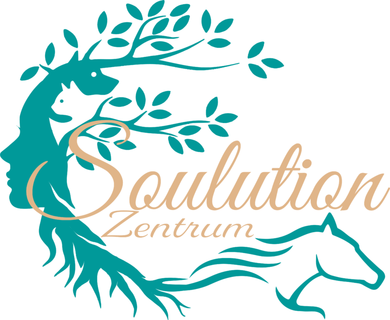 Logo Soulutionzentrum: Türkises menschliches Profil mit Lebensbaum, Pferd und Tierkommunikation, goldener Schriftzug Soulutionzentrum