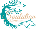 Logo Soulutionzentrum: Türkises menschliches Profil mit Lebensbaum, Pferd und Tierkommunikation, goldener Schriftzug Soulutionzentrum